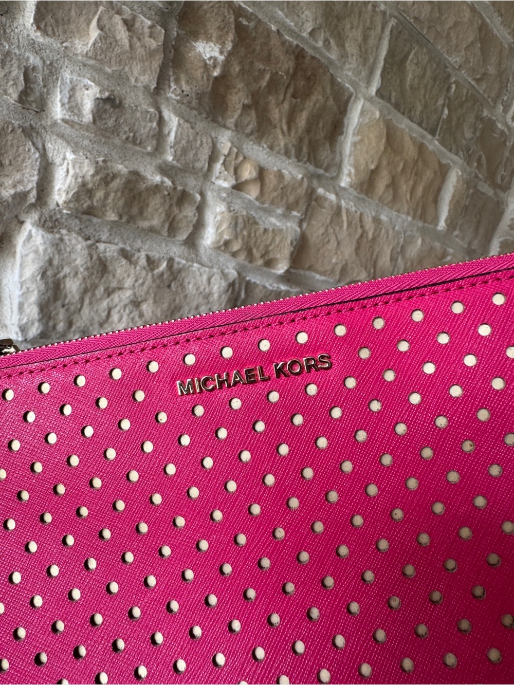 Michael Kors Fuchsia Perforated Zip Pouch with Gold-Tone Logo